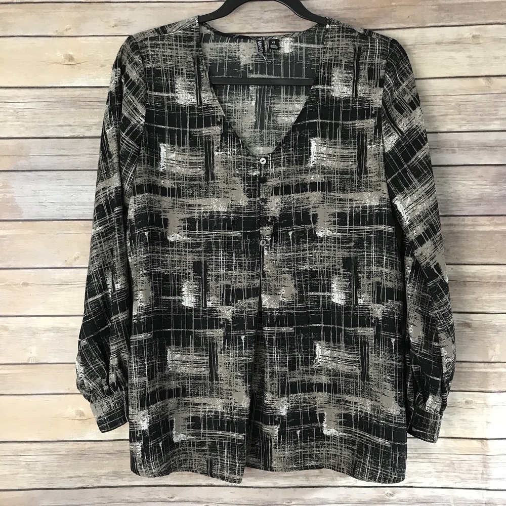 Valette Top Women XS Black Blouse V-Neck Relaxed Fit Buttons Pleated Long Sleeve